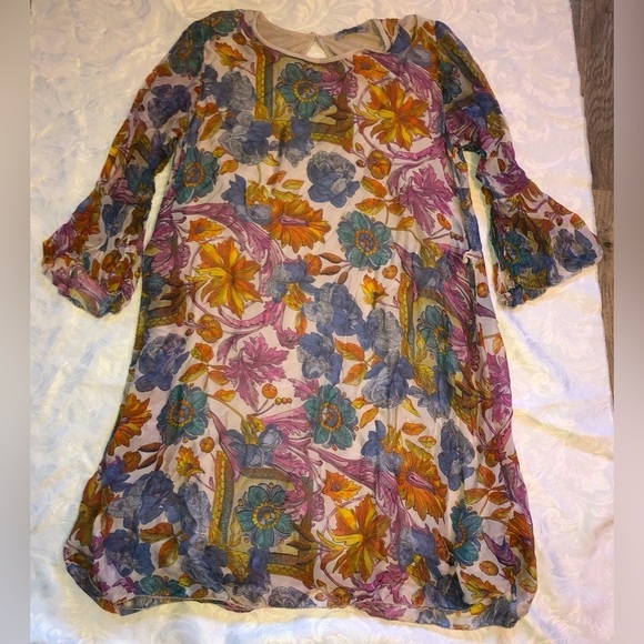ELENA Baldi 100% Silk Outer Floral Bell Sleeve Short Dress Sz Small - Picture 1 of 10